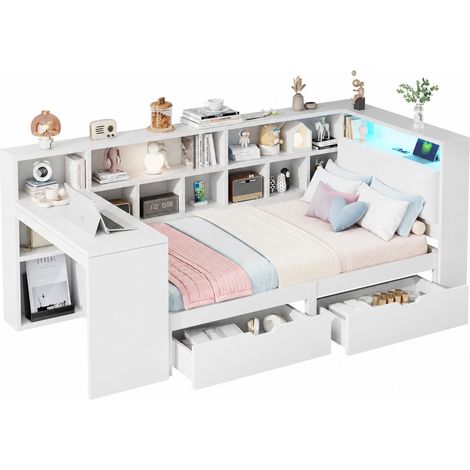 CHICFURN lit plateforme d angle avec bureau bibliotheque et tete de lit LED blanc 90 x 200 (1/5)