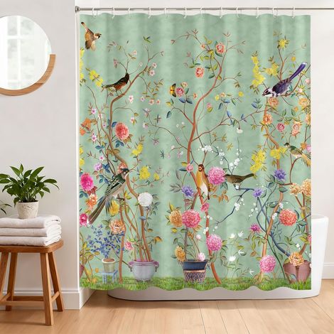 Rideau de douche 180 x 180 cm motif fleur et oiseau, tissu polyester lavable, imperméable avec 12 crochets