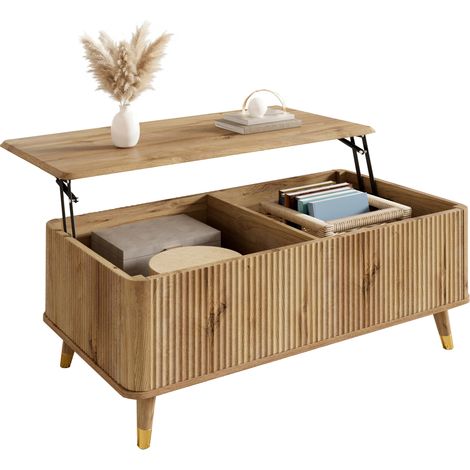 Mesa de centro moderna de estilo retro, tablero regulable en altura, estructura ondulada, aspecto de madera, patas de madera, amplio espacio de almacenamiento, mesa multifuncional para salón. (1/5)