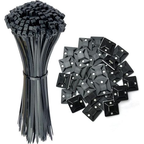 Large 250 × 3.6 mm Black Nylon Adhesive Cable Ties with 25 x 25 mm Clips Self Adhesive Base Ties for Cable Management (1/5)