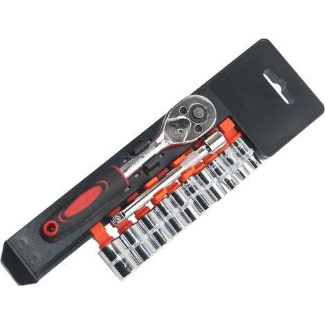 Set di 12 chiavi a bussola con cricchetti da 1/4", inserti esagonali da 4 mm a 13 mm, pulsante di rilascio e prolunga a cricchetto reversibile da 100 mm in acciaio Cr-V.
