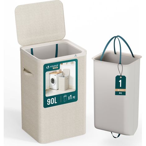 VOUNOT® Cesto Ropa Sucia 90L con Tapa Cesta Colada Plegable 1 Compartimento Bolsa Interior Extraíble Cubo Ropa Sucia Lavandería Dormitorio Beige