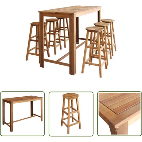 The Living Store Table et tabourets de bar 7 pcs Bois d'acacia massif - Ensemble De Table Et Chaises - Mobilier De Salle À Manger - Table De Bar - Tabourets De Bar - Acacia Massif (1/5)