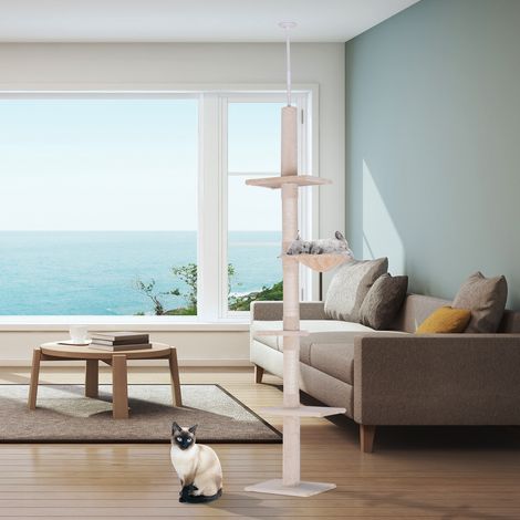 Tiragraffi per gatti a tutta altezza (230-260 cm) con piattaforme regolabili, amaca e pali in sisal, beige.