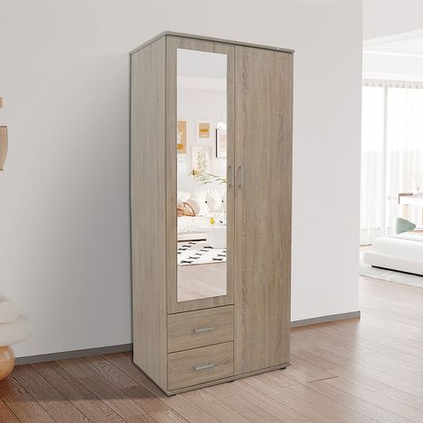 Armoire 2 portes 2 tiroirs 1 miroir 80x52x185 cm décor chêne