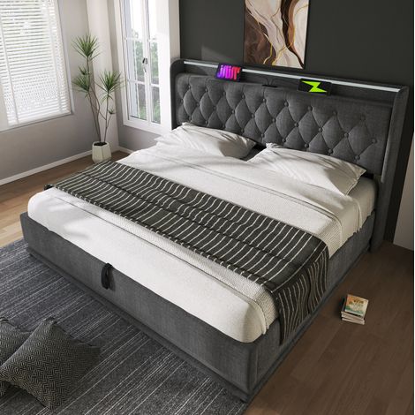 DESVIAE Lit coffre rembourré 160 x 200 cm gris en tissu avec LED 360 USB Type C tête de lit capitonnée sommier matelas inclus (1/5)