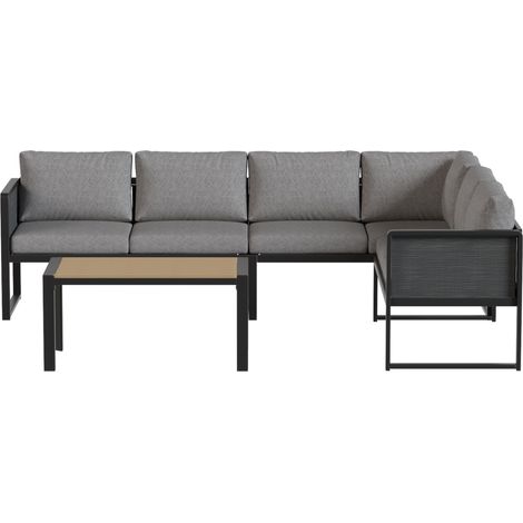 Salon de jardin d'angle modulable 6 personnes gris foncé avec canapés table basse et coussins