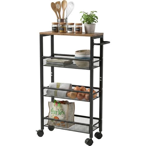 Relaxdays carrito para nichos 77x13x45 cm, estantería estrecha baño y cocina, 4 niveles, metal con ruedas, marrón/negro