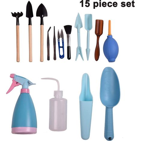 15 Pieces Succulent Plants Tools, Mini Garden Hand Tools Set Transplanting Tools Planting Gardening Tool Set for Indoor Miniature Fairy Garden Plant Care,Blue (1/4)