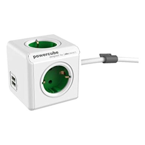 Allocacoc 17258742710323 Voleur multiple avec 4 prises et 2 ports USB (2,1 A) sous forme de cube, câble de 1,5 m, blanc/vert