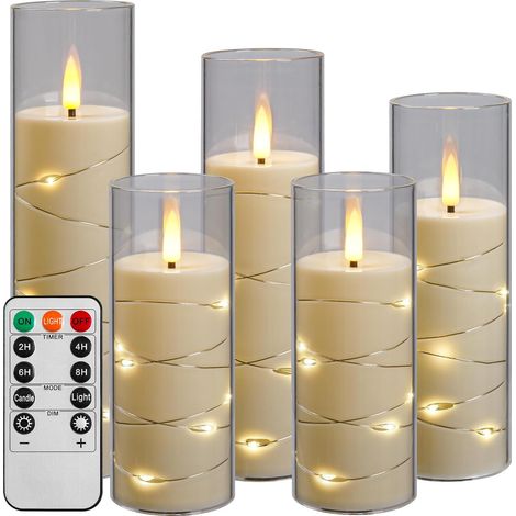 Bougie LED avec guirlandes lumineuses, bougie à piles avec télécommande et minuterie de 24 heures, bougie lumineuse sans flamme pour la décoration intérieure (Blanc ivoire, lot de 5)
