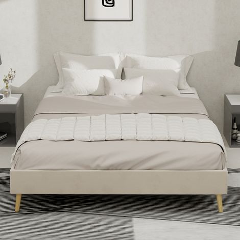 Cadre lit minimaliste 140×200cm beige velours hollandais,base basse,design moderne,sans levage gaz,ni tête de lit ni matelas-Go