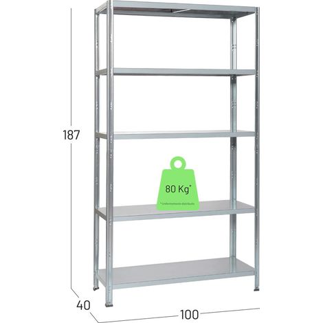 Grima Scaffale a Incastro Zincato 5 Ripiani Portata 400 Kg 100x40x186 cm per Interno ed Esterno (1/3)