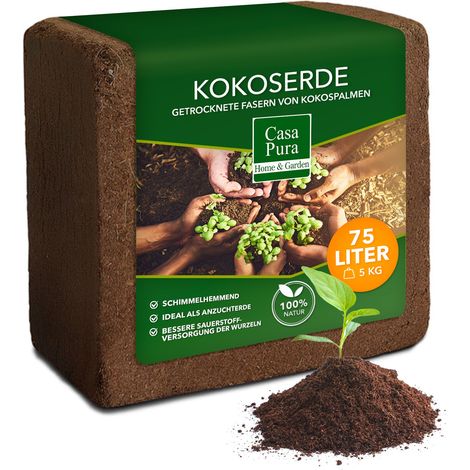 Casa Pura – Terreau de coco compressé 5 kg – Fibres de cocotiers 100 % naturel – Grande capacité d'absorption – Anti-moisissure