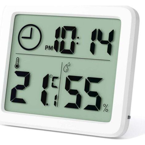 Digitales Innenthermometer, professionelles tragbares Thermometer und Hygrometer mit großem Display und Uhr, präzises weißes Thermometer, geeignet für Wohnungen, Kinderzimmer, Büros, Gewächshäuser