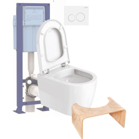 Pack WC suspendu compact sans bride DURAVIT Me by Starck abattant + bati support SIAMP + Plaque blanche + tabouret bois