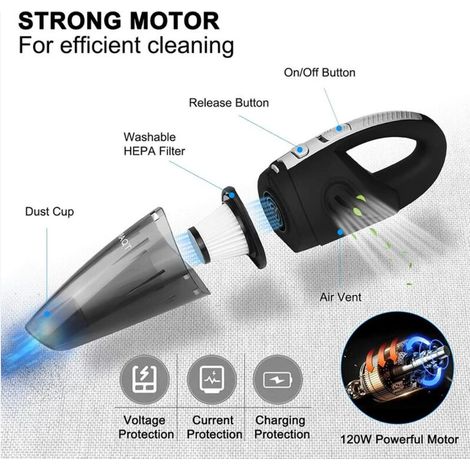 Aspirateur à main, 120W, 2200mA Aspirateur à main sans filRéduction d'humidité/bruit Charge rapide avec filtre lavable pour la maison, la voiture, la table, le type humide et sec (1/4)