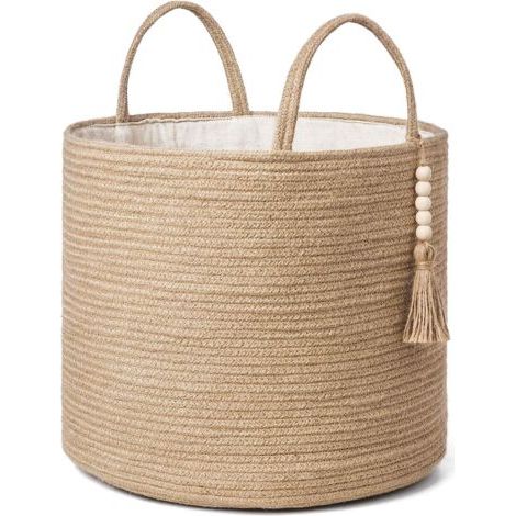 Panier de rangement tressé, jaune chanvre, 1 pièce, 282828cm, décoré de corde naturelle, pour le salon et la décoration intérieure. (1/5)