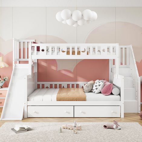 Kinder-Etagenbett 90x200/140x200 cm weiß aus Massivholz mit Rutsche, Leiter und Stauraum (1/5)
