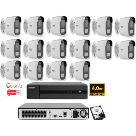 KIT videosorveglianza ip POE Hikvision Nvr 16 canali 4K 16 telecamere Smart Hybrid ColorVu 4 MP hdd 1TB