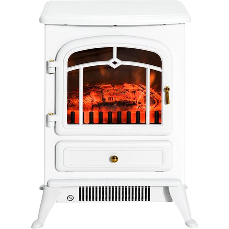 HOMCOM Cheminée électrique effet flamme poêle rétro thermostat 950-1850 W anti-surchauffe blanc (1/5)