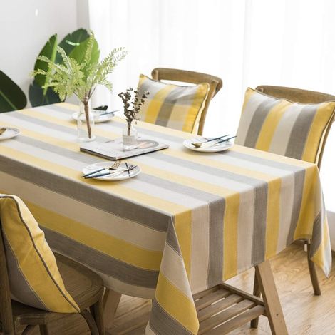 Nappe rectangulaire jaune à rayures tricolores, antitaches, en coton et lin (140 x 200 cm), idéale pour la décoration de table de cuisine. (1/3)