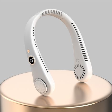 Ventilateur cou sans pales blanc pliable USB rechargeable, écran numérique, mini ventilateur portable sport voyage quotidien (1/5)