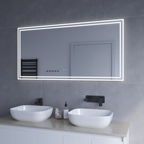 LED Bad Spiegel mit Licht Beleuchtung gross 140x70cm ESSENS Typ C Touch Sensor Dimmbar Spiegelheizung Kaltweiß 6400K Warmweiß 3000K AQUABATOS (1/5)