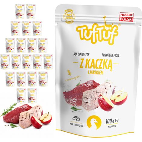 Cibo umido per cani TufTuf Anatra con Mela, bustina da 20x100g, carne in scatola. (1/2)