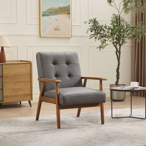DESMIU Fauteuil Lounge avec Dossier à Coutures Capitonnées et Structure Robuste, en Cuir, Bois et PVC, Gris (1/5)