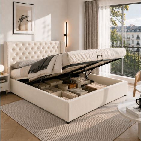Cama 140x200 cm de terciopelo beige con almacenaje, ahorra espacio, sin colchón – MEUBLIV (1/5)