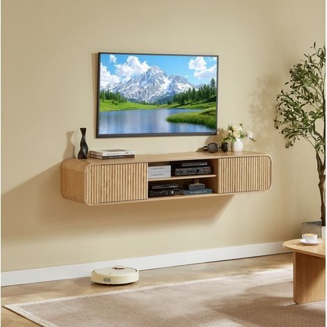 Mueble TV de pared 160 cm de aglomerado natural con compartimentos abiertos (1/5)