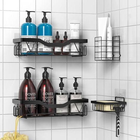 Etagère Douche, Etagere Salle de Bain Sans Percage, Rangement Douche, Support de gel Shampoing (4 Pièces Etagère Douche- Noir) (1/5)