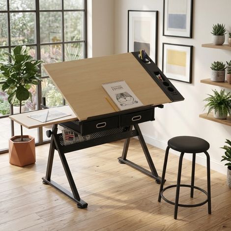 Bureau à Dessin Réglable avec 2 Tiroirs et Tabouret, Plateau Inclinable, pour Bureau à Domicile et Étude, MDF, Érable (1/5)