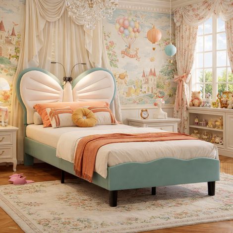 Lit enfant 90x200, lit rembourré pour fille avec lampe de lecture, lit simple fille avec papillon tête de lits réglable et sommier à lattes, PU, bleu