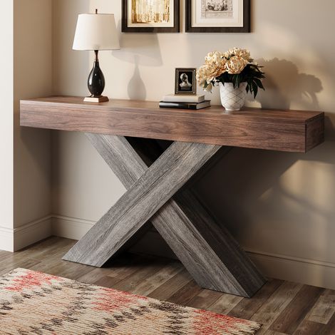 Tavolo consolle 140x30x80 cm noce in truciolare con supporti a X salvaspazio (1/5)