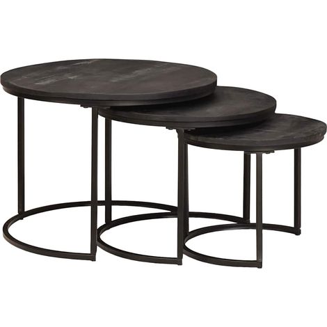 Nesting Coffee Tables 3 pcs Black Solid Mango Wood and Steel vidaXL