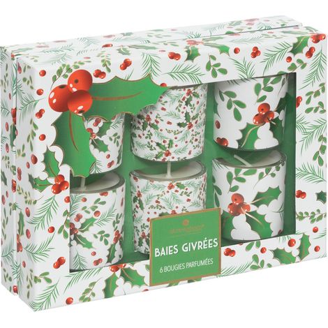 Lot de 6 Bougies parfumées dans photophores en verre 240G Houx et Baies givrées - Feeric Christmas (1/4)