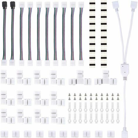 Connecteurs de Bande, Kit Connecteur Bande Lumière LED, avec Connecteurs Mâles 4 Broches Connecteurs LED Forme de L, Connecteur Bande LED RGB 5050, pour LED 10mm Ensemble d'Accessoires d'Extension,AAF (1/5)