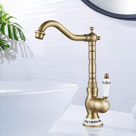 Robinet de Lavabo Rétro, Robinet Salle Bain en Laiton Bronzé, Haut Mitigeur Lavabo bec Pivotant à 360°, Eau Chaude et Froide Disponible, G3/8 (1/5)