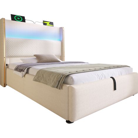 Lit coffre 90x200 avec tête de lit haute, LED, port USB/Type-C et grand rangement sous sommier, tissu beige, sans matelas, hydraulique, pour chambre adulte – CHICFURN (1/5)