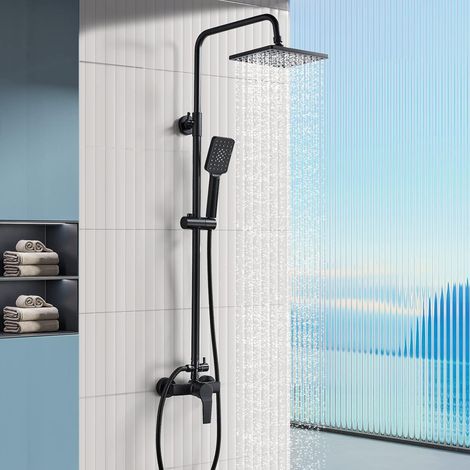 Colonne de Douche avec Mitigeur Noir, Ensemble de Douche Hauteur Réglable, Mitigeur Douche Monocommande avec Douchette, Pommeau de Douche et Barre de Douche (1/5)