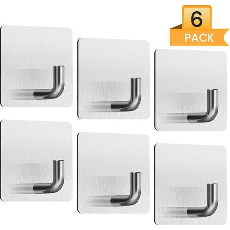 Crochet Mural Adhésif, Porte Torchon Cuisine 6PCS Crochet Autocollant sans Perçage Accroche Adhesif Acier Inox Étanche Patère Argent pour Salle de Bain/Salon/Manteau/Clé/Sac- (1/5)