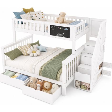 Lit superposé enfant 90x200 + 140x200 blanc avec tableau, escalier de rangement et 2 tiroirs, barrière de sécurité, sans matelas, en bois et MDF – CHICFURN (1/5)