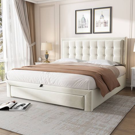 Lit rembourré 140 x 190 cm beige, sommier à lattes bois, tête de lit, rangement coffre hydraulique + 2 tiroirs (1/5)