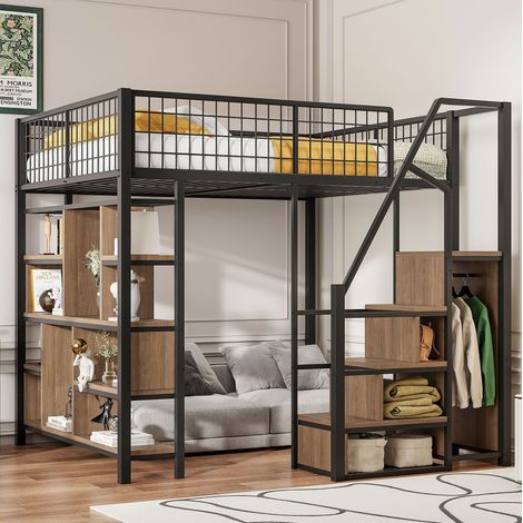 Lit mezzanine moderne 140x200 cm en métal et bois noir avec escalier de rangement et gain de place (1/5)