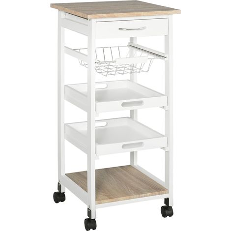 Carrello da Cucina 37x37x82 cm 3 Ripiani 1 Cesta in Legno  Bianco (1/5)