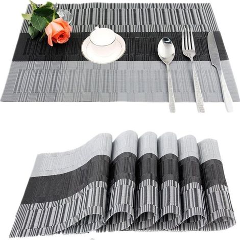 6Pcs Sets de Table Anti-Glissant en PVC Napperon Lavables(45x30cm) Napperons pour Cuisine, Salon, Jardin ou Salle à Manger (Noir-Gris) (1/5)