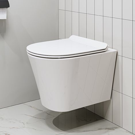 Horow – Toilette suspendue céramique sans rebord – Chasse d'eau super-puissante – Abattant avec système d'abaissement automatique – Dimensions 600x465x540mm (1/4)