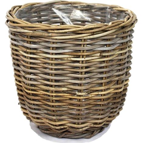 Jardinière en rotin VAN DER LEEDEN, grise, conique avec doublure en aluminium, Ø 36 cm
